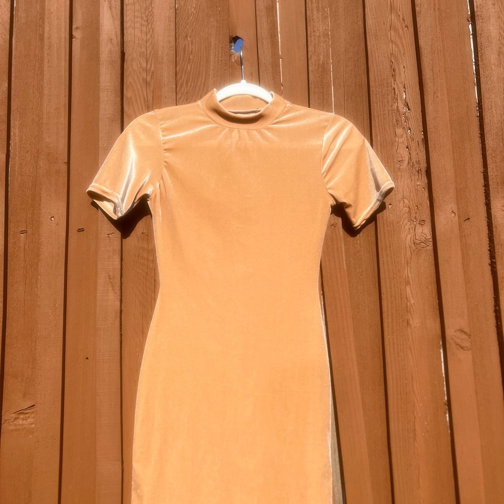 Short Mock Neck Velvet Midi Dress in Mustard